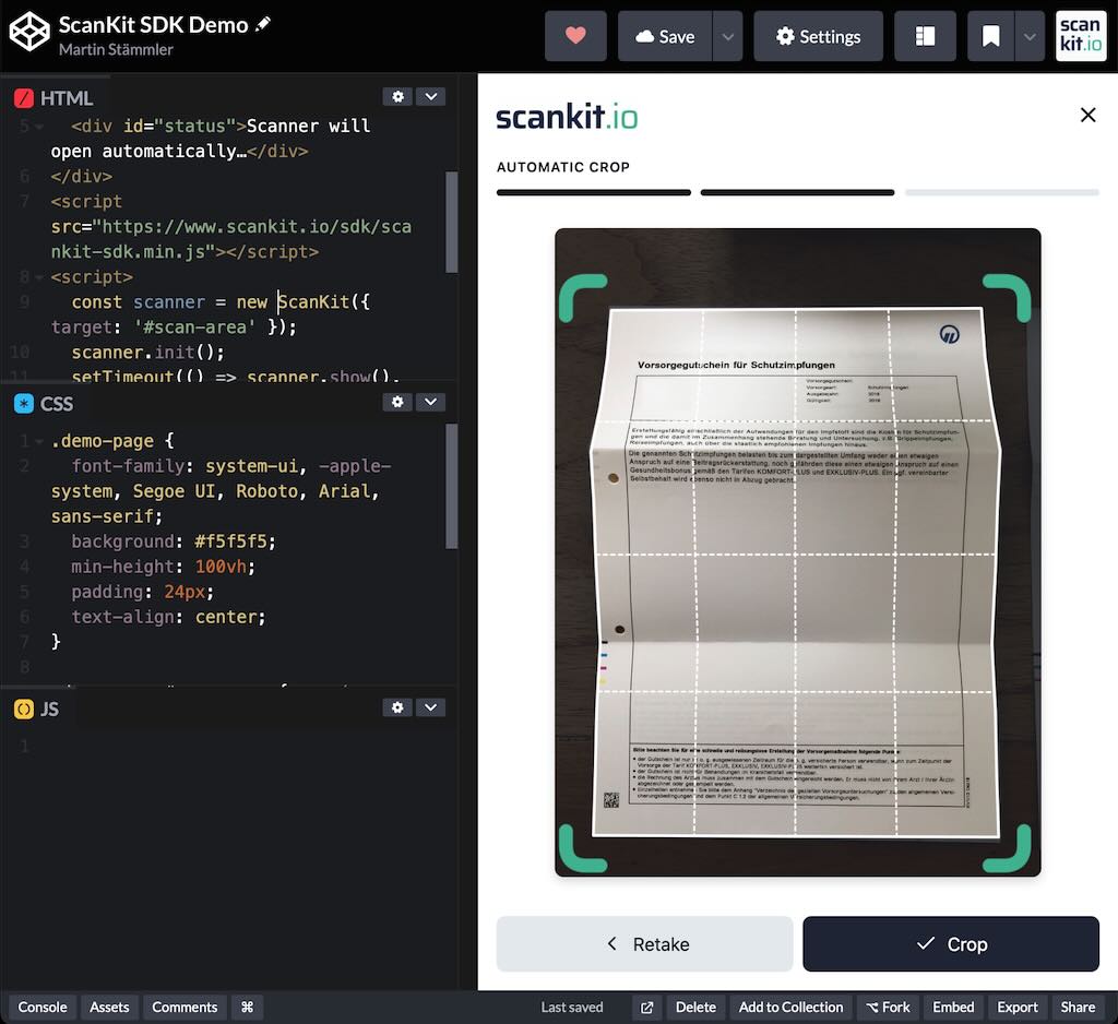 CodePen demo screenshot showing ScanKit SDK implementation