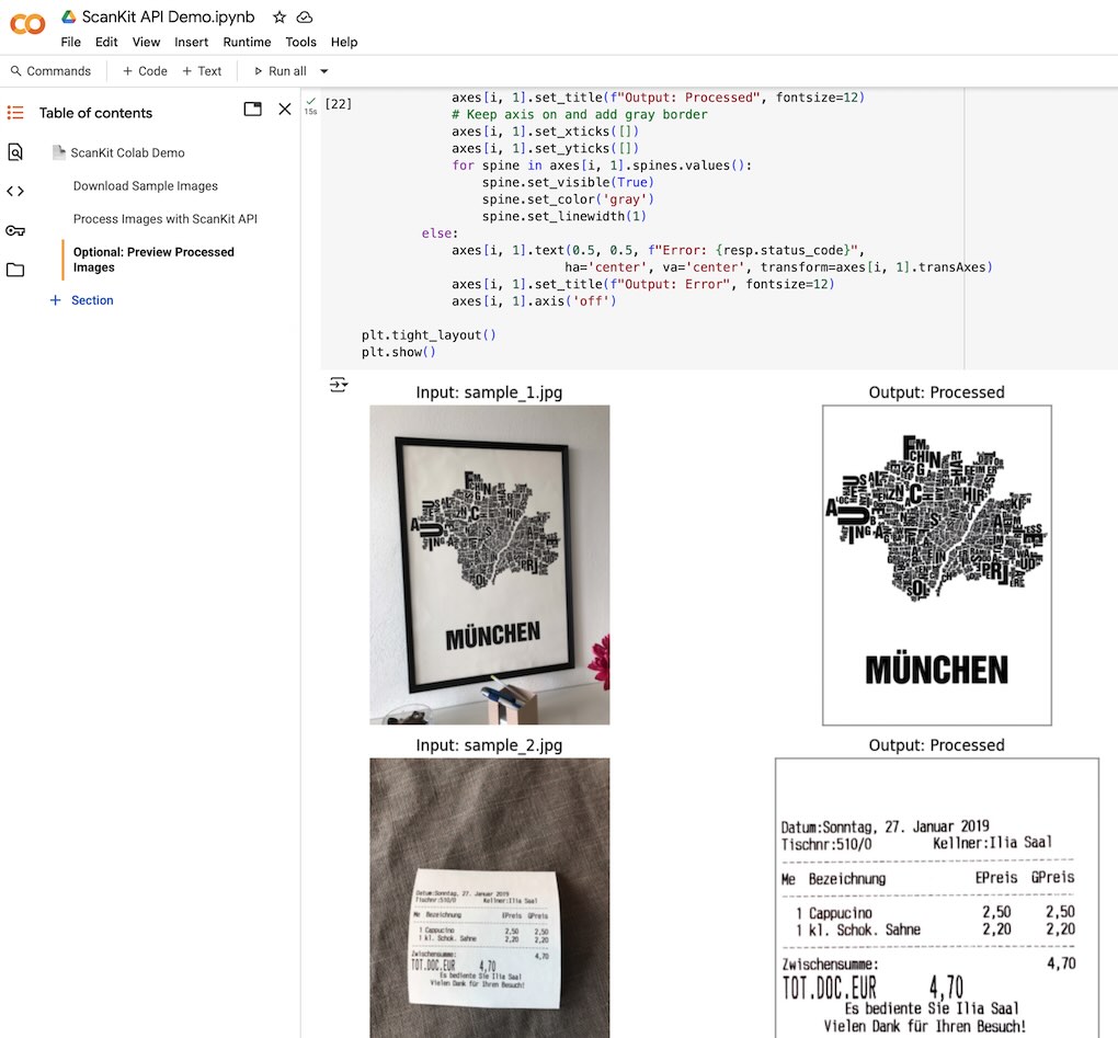 Google Colab notebook screenshot showing ScanKit batch processing